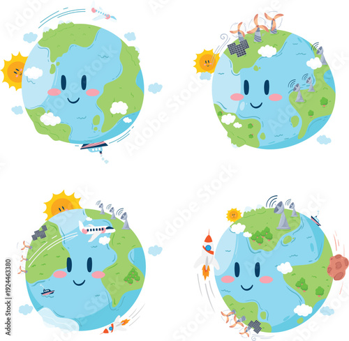 Cute Cartoon Earth Illustrations with Environmental and Technological Themes