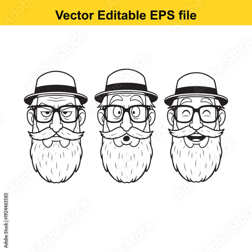 Hand Drawn Bearded Man Faces with Hats - Vector Illustration