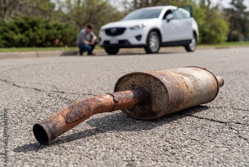 Rusty car muffler lying on the road with a broken down vehicle in the background