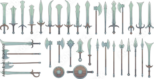 Fantasy Medieval Weapon Icon Set Featuring Swords, Axes, Spears, Shields, and Blades for RPG Games, History Themes, and Vector Illustration Design