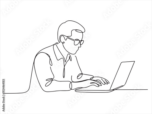 Continuous one line drawing of a person sitting at a desk and working on a laptop. Vector, illustration
