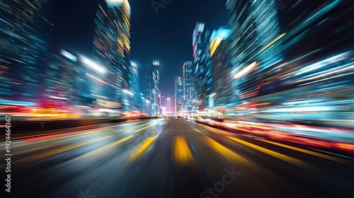 High-speed motion blur of city streets at night with neon lights and skyscrapers. Blurred high-speed effect. Cityscape futuristic energy trails background. 