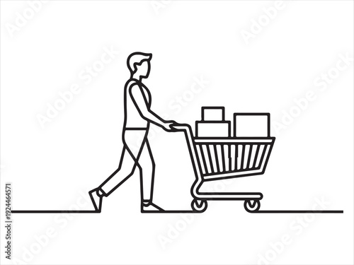 continuous line drawing of a person pushing a shopping cart, A continuous one line sketch art drawing of young man pushing shopping trolley cart vector illustration