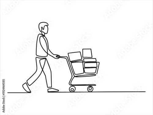continuous line drawing of a person pushing a shopping cart, A continuous one line sketch art drawing of young man pushing shopping trolley cart vector illustration