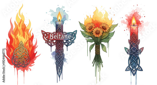 Celtic knotwork symbols of fire, flowers, and candles for Beltane celebration