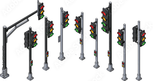 Isometric Traffic Light Icon Set Showing Road Signal Poles with Red Yellow Green Lights for Urban Transportation Systems and Vector Design