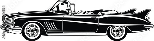 Vintage 1950s convertible car with large tailfins in a black and white line art illustration.