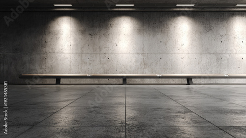 Empty subway platform minimalist modern architecture concrete wall bench urban interior industrial style night lighting clean spacious calm contemporary design