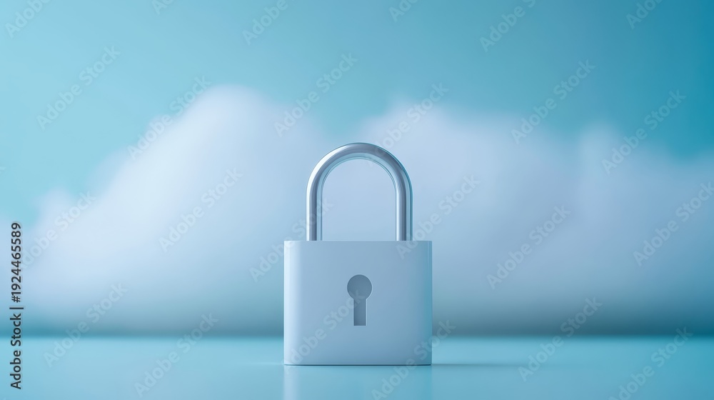 Fototapeta premium Padlock protecting cloud data on blue sky symbolizing secure data storage and protection in cloud environments