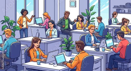 Smiling Colleagues Working Modern Open Office