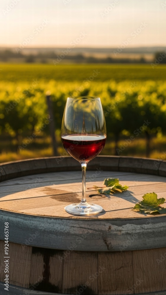 Fototapeta premium Wine in Vineyard: A fine glass of red wine sits atop a weathered barrel, offering a glimpse of the lush vineyard beyond. the perfect embodiment of refinement and natural beauty.