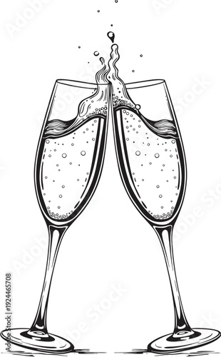 Two Flutes of Champagne Bursting with Bubbles in a Black-and-White Illustration Viewed Straight On
