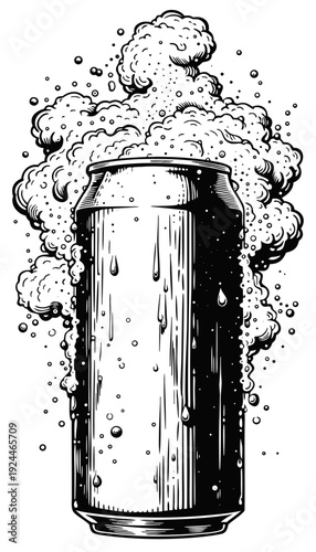 Close-up view of a frosty metal can spilling thick foam, captured in black‑and‑white illustration with condensation droplets and crisp beverage vibe