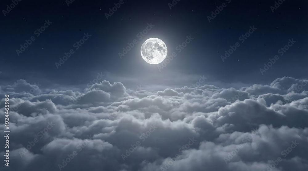 Fototapeta premium Full moon shining brightly above a sea of fluffy clouds in a dark, starry night sky.