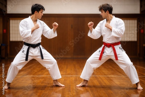 Two men performing karate fighting stance in dojo