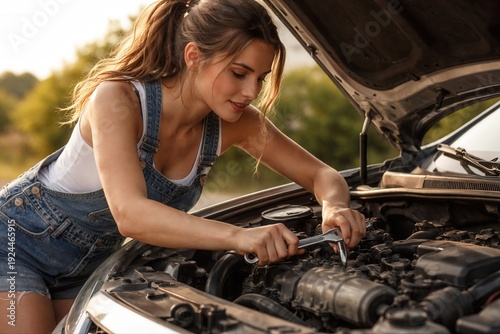 Woman repairing car engine performing auto maintenance