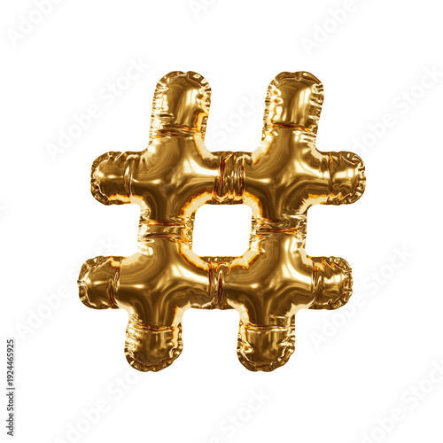 Gold Foil Balloon Hash or Number Sign On Transparent Background For Celebration, Party, And Luxury Decor