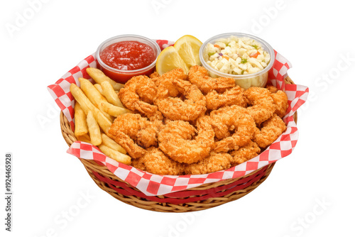 Fried shrimp basket with fries and coleslaw isolated