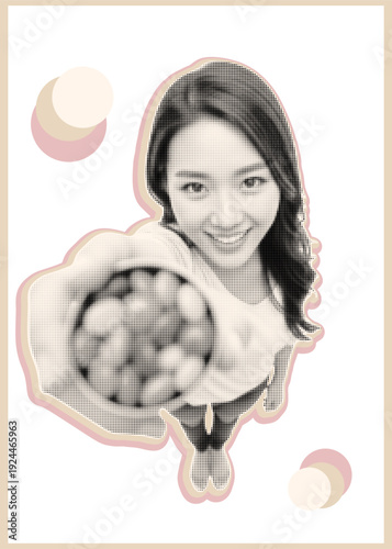 Pop art halftone top down view smiling woman holding soccer ball pointing at camera with pink beige sticker outline minimalist vector design playful sporty mood friendly