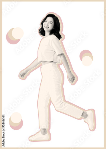 Retro halftone sticker cutout woman walking looking at camera smiling pastel pink beige outfit side view white sneakers high waist trousers short sleeve top soft shadow