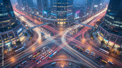 A vibrant aerial view of a busy urban intersection at night with light trails from vehicles crisscrossing between tall skyscrapers.