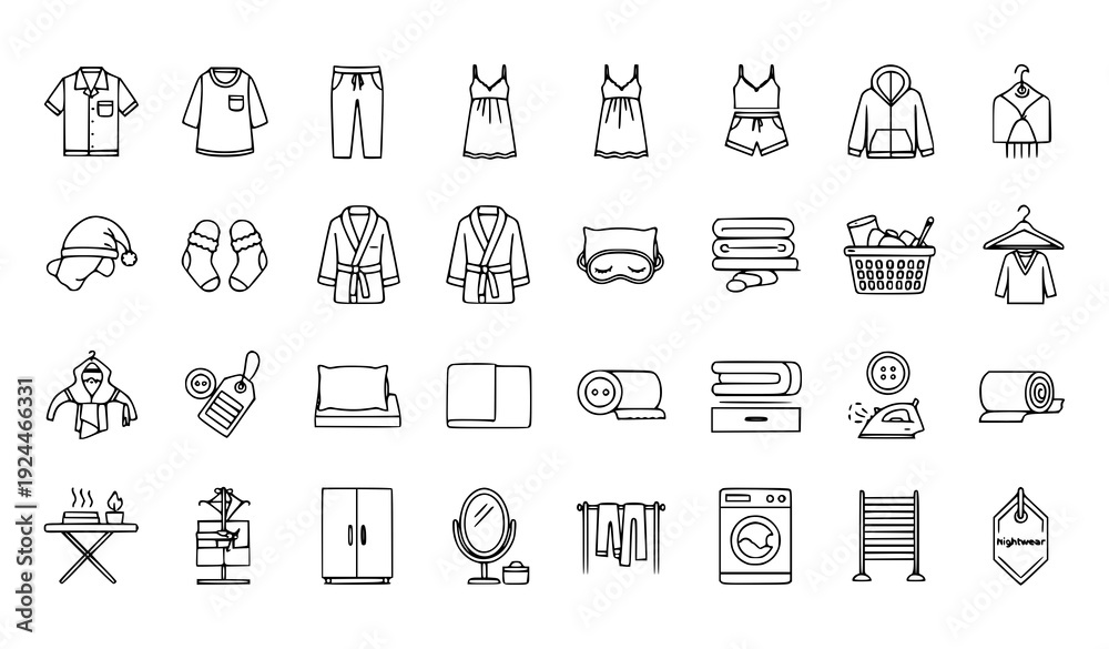 Fototapeta premium Pajama and Sleepwear Thin Line Icons Pixel Perfect Clothing Vector Set
