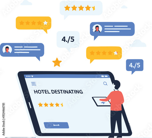 Vector illustration of a person rating hotel reviews on a tablet.