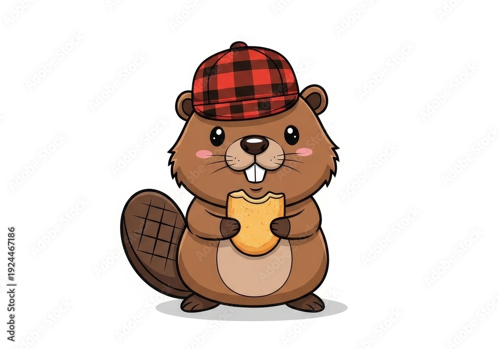 Obraz premium Cute cartoon beaver wearing a plaid hat and eating a cookie. Playful animated mascot illustration for kid products.