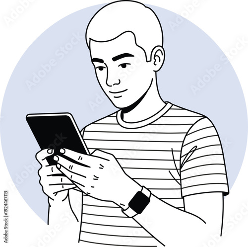Line art illustration of a young man in a striped shirt using a tablet and wearing a smartwatch.