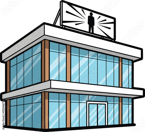Modern twostory office building with a glass facade and a large rooftop billboard sign.