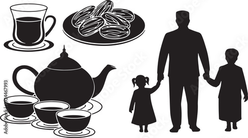 Black silhouette of a family holding hands with a tea set and dates on a plate father