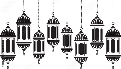 Collection of black ornate hanging lanterns with tassels and beaded chains white