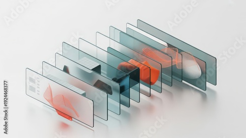 Multiple transparent glass panels reflecting abstract shapes and objects in modern architecture