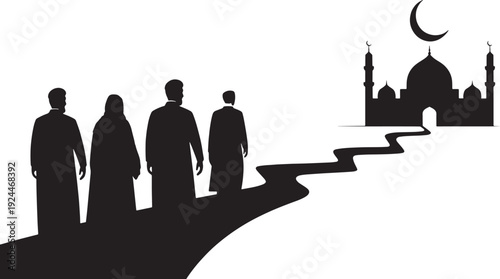 Silhouettes of people walking on a winding path towards a mosque under a crescent moon
