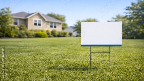 A blank yard sign positioned on a residential lawn with blurred house in the background. Copy space or template banner.