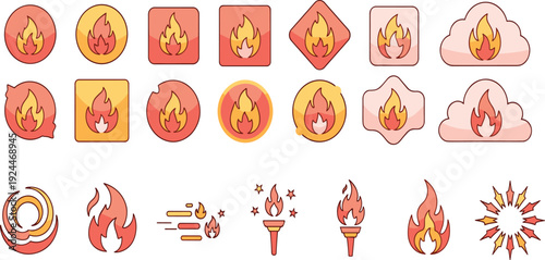 Fire Flame Icon Set with Burning Heat Symbols Torch Explosion and Abstract Blaze Shapes for Warning Sign, Energy, and Safety Vector Design.