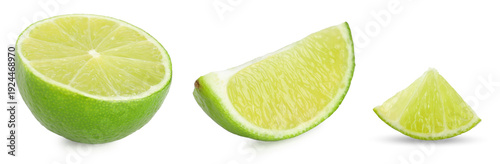 Schilderij op canvas Fresh juicy lime isolated on white, set. Half, wedge and piece
