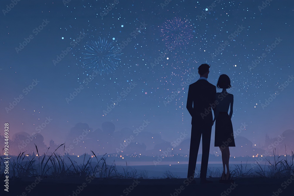 Fototapeta premium Romantic Evening with Fireworks and Elegant Couple Silhouette