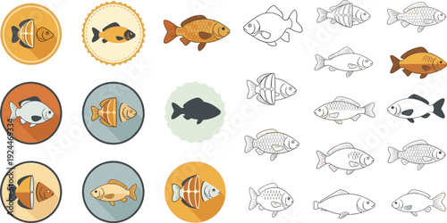 Freshwater Fish Icon and Outline Collection with Decorative Aquarium Species in Flat Style for Seafood Market, Fishing, and Marine Vector Design.