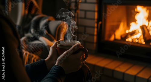 burning wood in the fireplace with a cup of hot tea