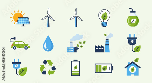 Collection of Eco-Friendly Icons Representing Sustainable Energy and Environmental Conservation.