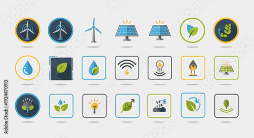 Collection of ecological and renewable energy icons for sustainable living.