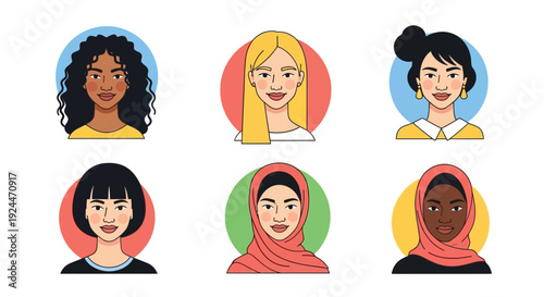 Diverse group of six womens portraits showcasing various ethnicities and styles.