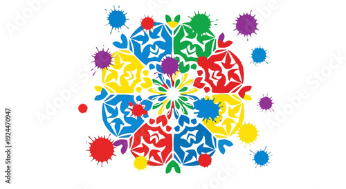 Vibrant abstract mandala with colorful paint splatters.