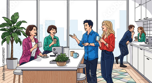 Happy Coworkers Chatting During Coffee Break