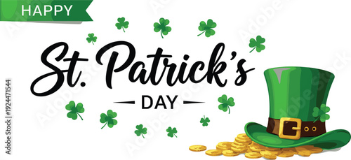 Happy St Patrick’s Day Typography Design with Leprechaun Hat Gold Coins Shamrocks and Elegant Irish Holiday Greeting Vector Illustration