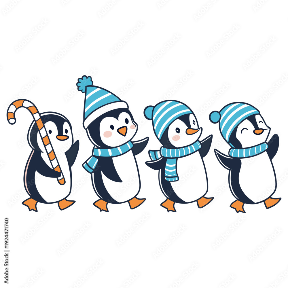 Fototapeta premium Adorable cartoon penguins in blue and white striped winter hats and scarves walking with candy cane for holiday greetings