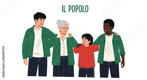 Diverse family group with different ages and ethnicities standing together in unity