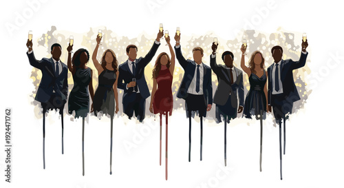 Diverse group of elegantly dressed people raising champagne glasses in celebration