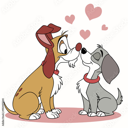 Animated canine couple sharing affectionate moment with noses touching and floating pink hearts for Valentine's designs